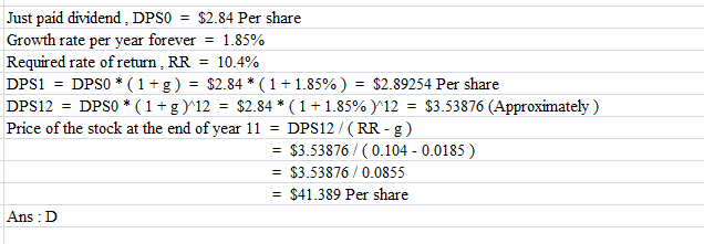 Just paid dividend, DPSO-$2.84 Per share Growth rate per year forever 1.85% Required rate of return . RR 10.4% DPSI -DPS0 * (