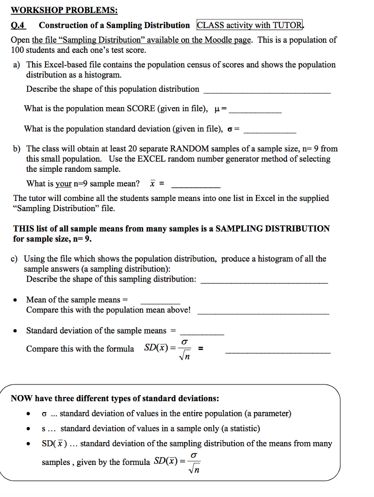 ... SAMPLING DISTRIBUTIONS - Theory behind Inference Student's Name  Tutorial DaylTime: PRELIMINARY READING: D S Moore et al. "Basic Practice of  Statistics" ...