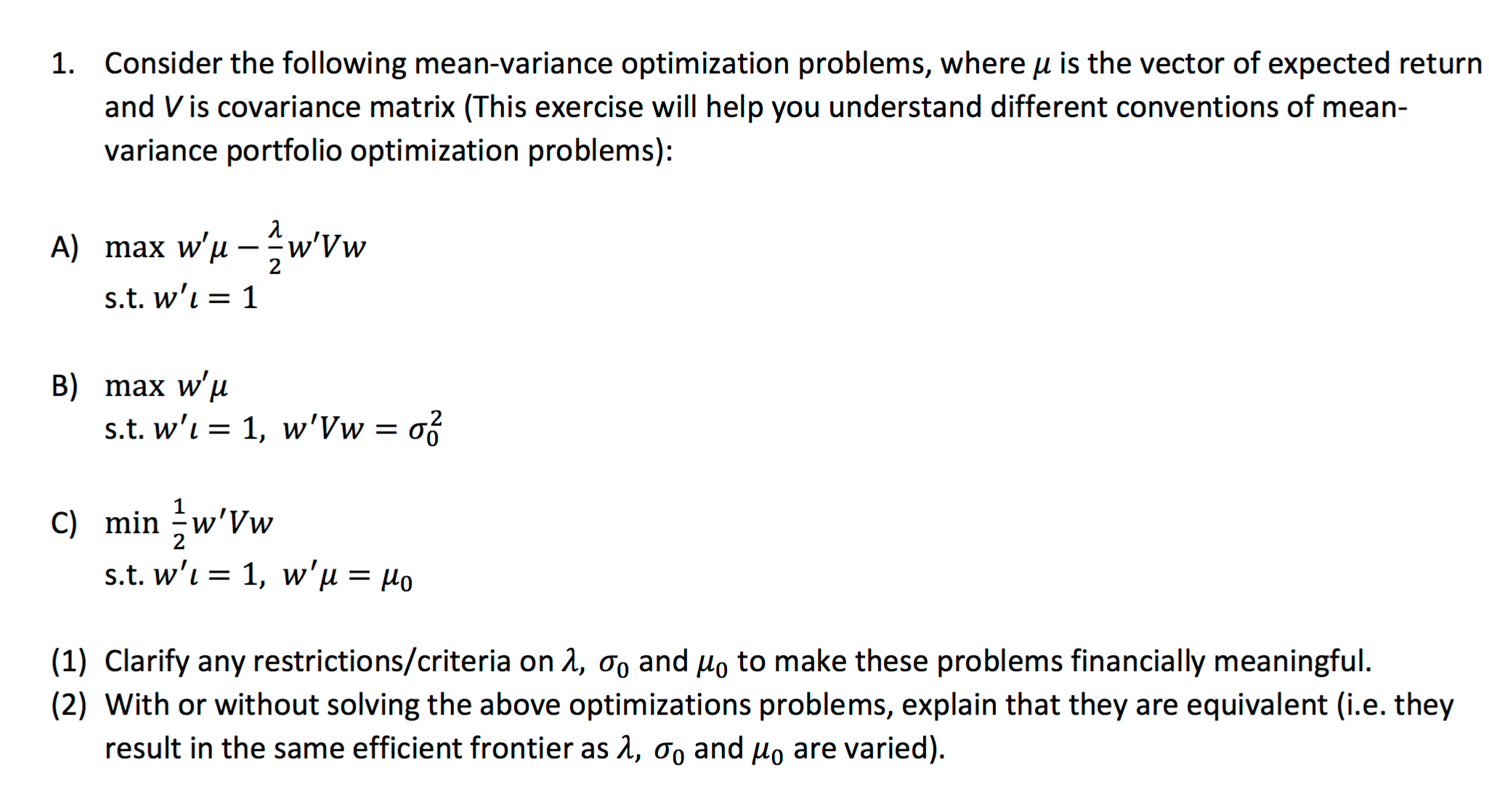 Consider The Following Mean Variance Optimization Chegg Com