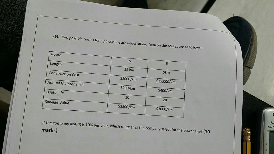 Q4. Two possible routes for a power line are under study. Data on the routes are as follows: Route Length 15 km Skm $35,000/knm $400/km 20 $3000/km Construction Cost Annual Maintenance Useful life Salvage Value $200/km 20 $2500/km fr- NAT If the company MARR is 10% per year, which route shall the company select for the power line? (10 marks)