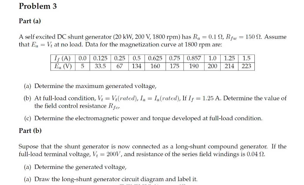 A Self Excited Dc Shunt Generator 20 Kw 200 V 1800 Chegg Com