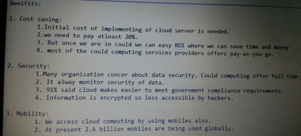 Question & Answer: Benefits of Cloud Computing..... 1