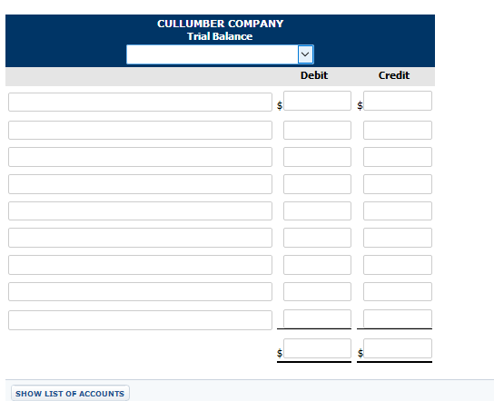 CULLUMBER company trial balance debit credit show list of accounts