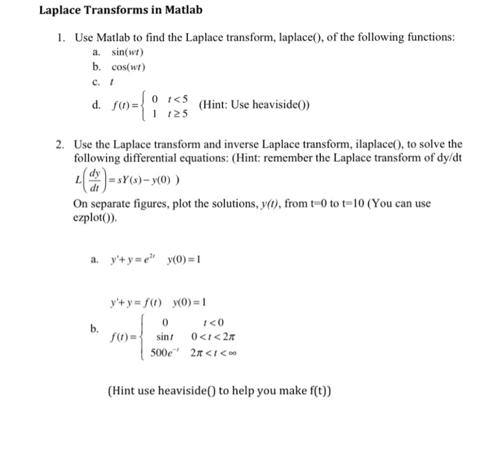 Solved Laplace Transforms In Matlab 1 Use Matlab To Find Chegg Com