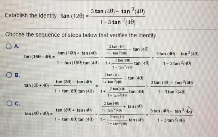 Solved Establish The Identity Tan 12 Theta 3 Tan 4 Chegg Com