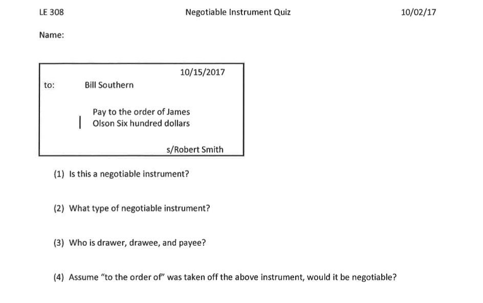 Solved Le 308 Negotiable Instrument Quiz 10 02 17 Name 1