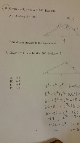 Solved Given A = 9. B = 8, B = 10 Degree. Evaluate: A) A | Chegg.com