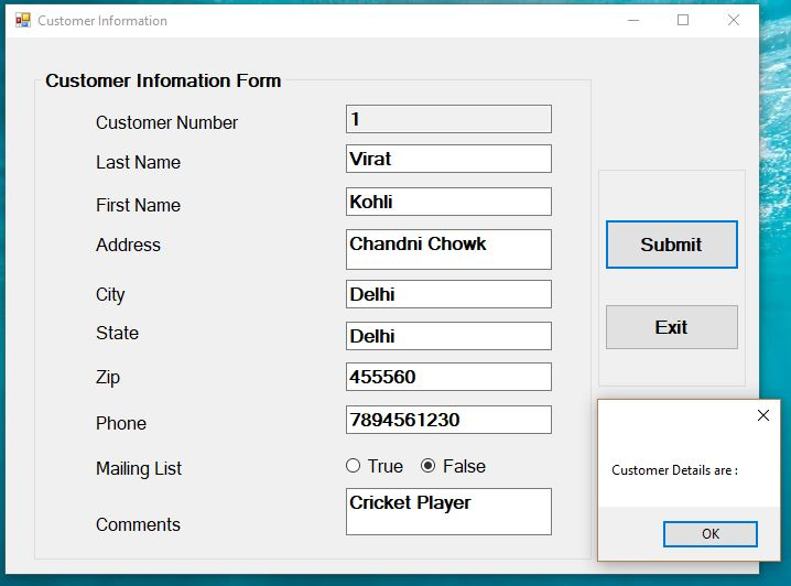 Customer Information Customer Infomation Form Customer Number Last Name First Name Address Virat Kohli Chandni Chowk Submit C