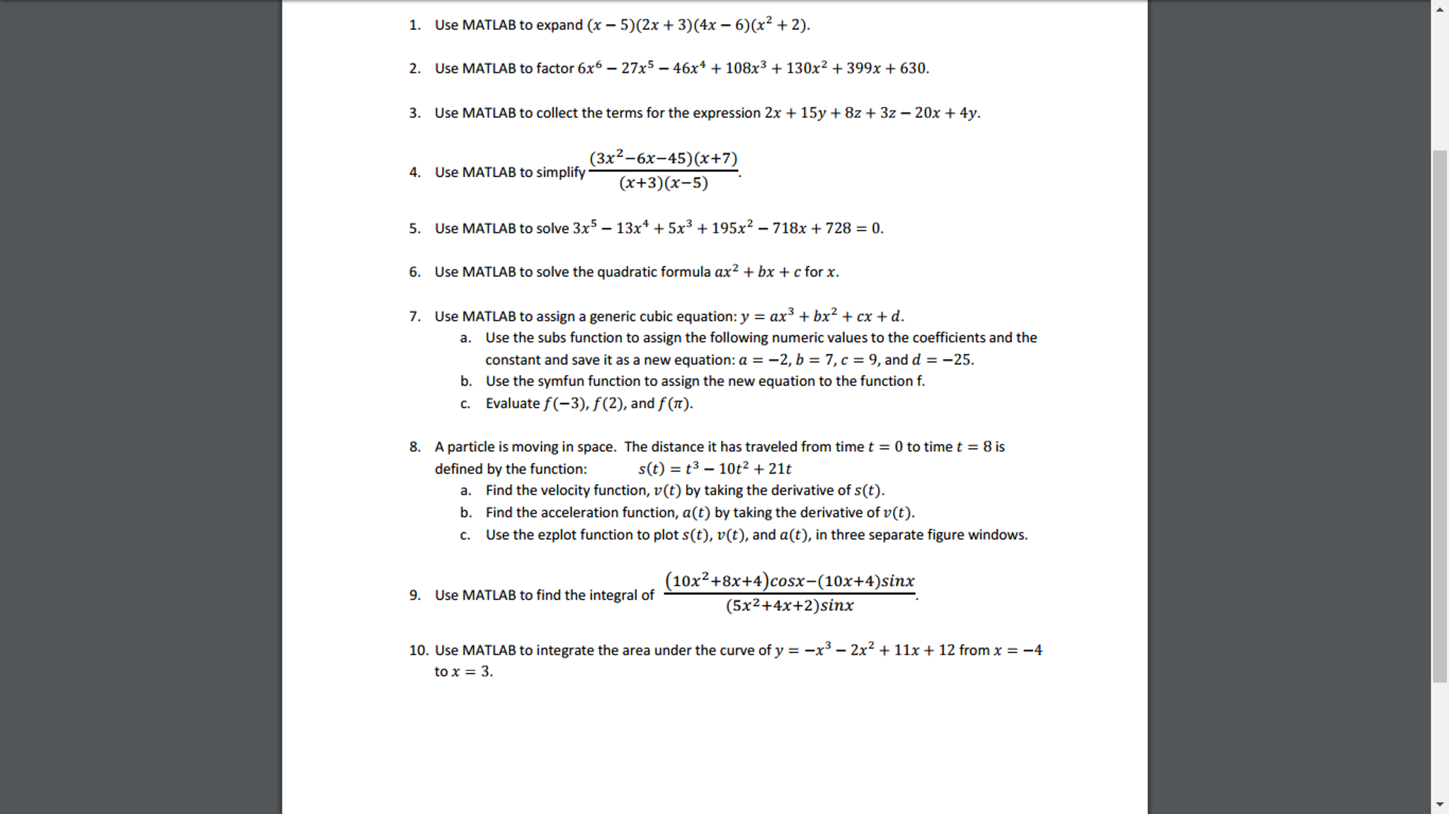 Use Matlab To Expand X 5 2x 3 4x 6 X 2 Chegg Com