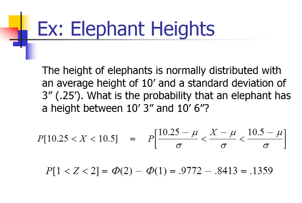 Ex: Elephant Heights The height of elephants is normally distributed with an average height of 10 and a standard deviation of 3 (.25). What is the probability that an elephant has a height between 10 3 and 10 6? 10.25 _ µ , X-µ . 10.5-µ P[10.25 <X < 10.5] = Pl 1?Z < 2] = F(2) _ F(1) = .9772-.8413 = .1359