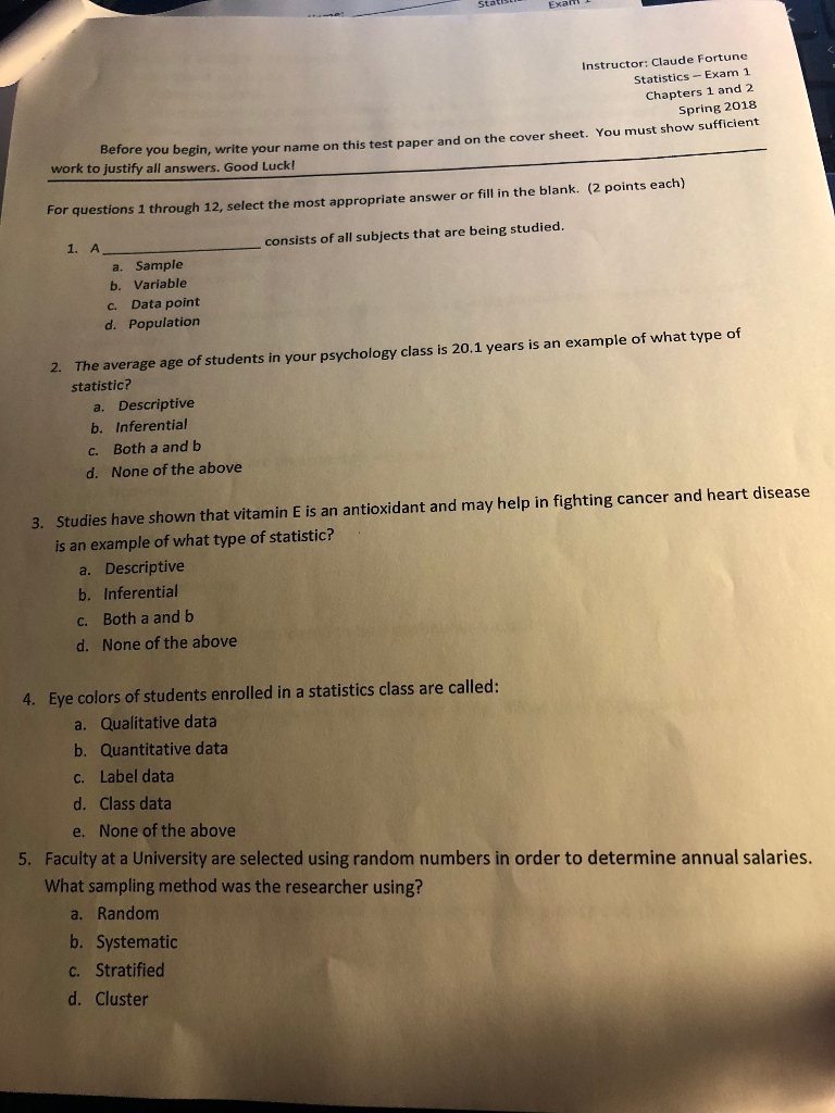 Solved: Statistics Claude Exam ... Instructor: Stat - Fortune