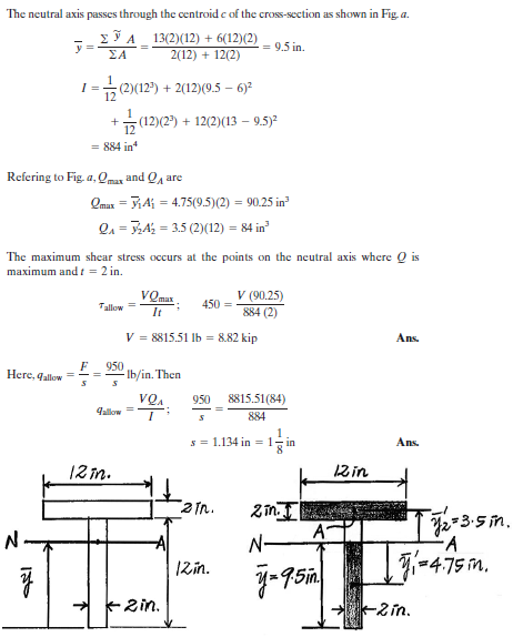 The neutral axis passes through the centroid c of the cross-section as shown in Fig a. 13(2)(12) + 6(12)(2) 2012)-12(2) ? y A - = 9.5 in. = = 1-(2)(123 2(12)(9.5 -6)2 (12) (212(2)(13 9.5)2 12 884 in Refering to Fig, a, Omax andA are Qma,-34-475(9.5)(2) = 90.25 in3 A A 3.5 (2)(12) 84 in The maximum shear stress occurs at the points on the neutral axis where Q is maximum and t = 2 in. V (90.25) 884 (2) allow = It V 8815.51 lb 882 kip F 950 Here, allowlb/in.Then VQA 950 8815.51(84) allow 884 s = 1.134 in 1 in Ans. 475 m 2in 2 in