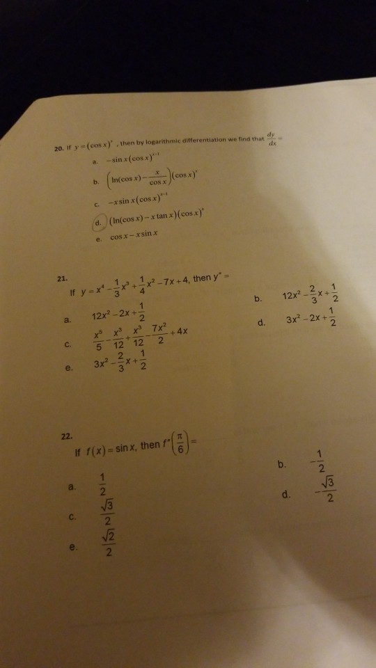 Solved If Y Cos X Then By Logarithmic Chegg Com