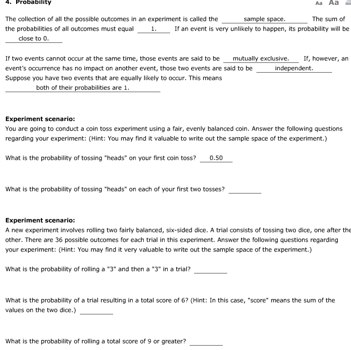 Solved 4 Probability Aa Aa Sample Space The Sum Of The Chegg Com