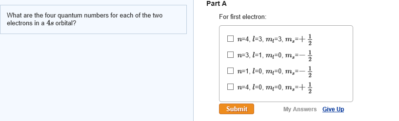 Solved Part A What Are The Four Quantum Numbers For Each Of Chegg Com