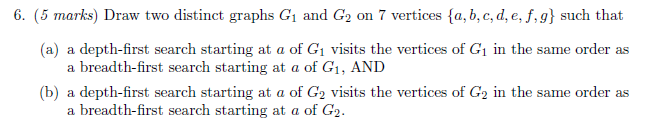 6. (5 marks) Draw two distinct graphs G? and G2 on 7 vertices fa, b, c, d, e, f,g) such that (a) a depth-first search starting at a of Gi visits the vertices of Gi in the same order as (b) a depth-first search starting at a of G2 visits the vertices of G2 in the same order as n brealth .iirsi; search starillig at f of G? , A NI ) breulilHÍrsi: search starting at t of C2