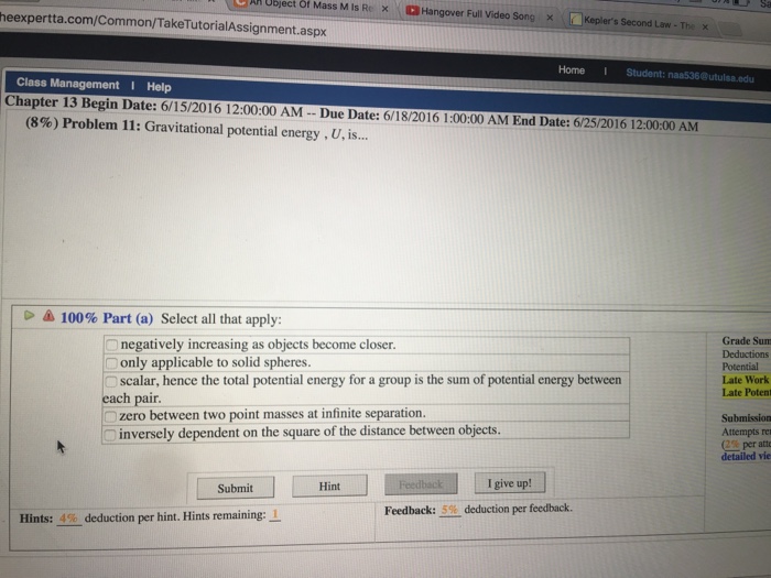 Gravitational Potential Energy U Is Select All Chegg Com