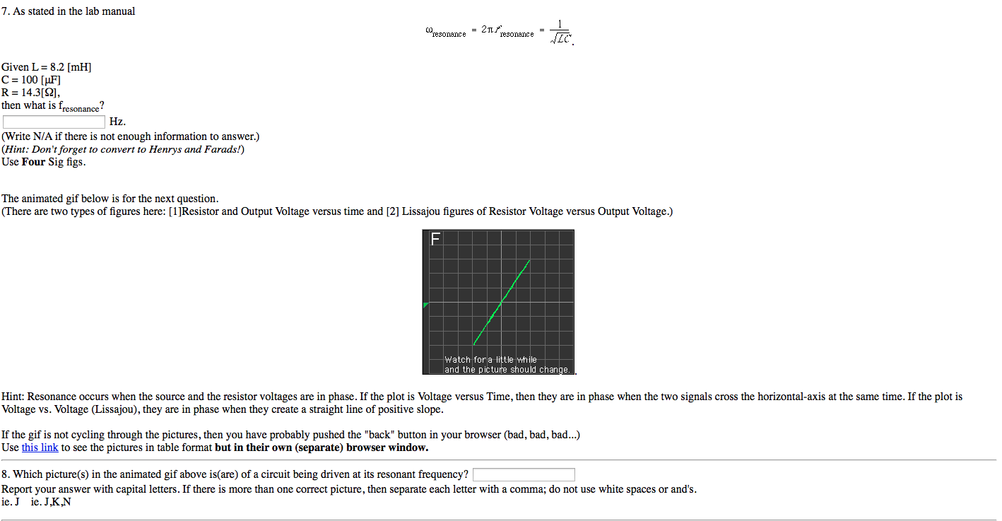 Solved 7 As Stated In The Lab Manual Omega Resonance 2 Chegg Com