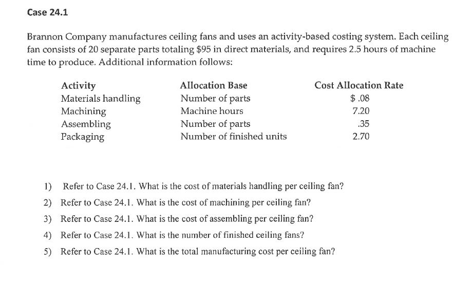 Solved Case 24 1 Brannon Company Manufactures Ceiling Fan