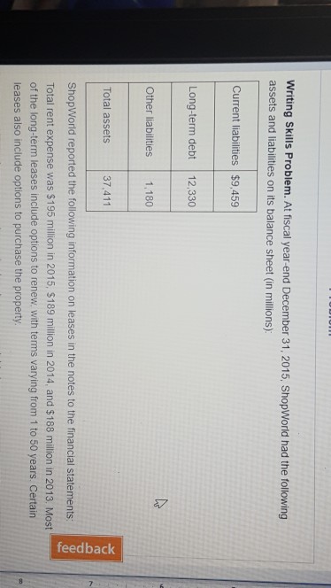 Writing skills problem. at fiscal year-end december 31, 2015, shopworld had the following assets and liabilities on its balance sheet (in millions) current liabilities $9,459 long-term debt 12,330 other liabilities 1,180 total assets 37,411 shopworld reported the following information on leases in the notes to the financial statements total rent expense was $195 million in 2015, $189 million in 2014, and $188 million in 2013. most of the long-term leases include options to renew, with terms varying from 1 to 50 years. certain leases also include options to purchase the property.