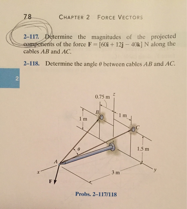 Image for   Determine the magnitudes of the projected components of the force F = [60i + 12j - 40k] N along the cables A