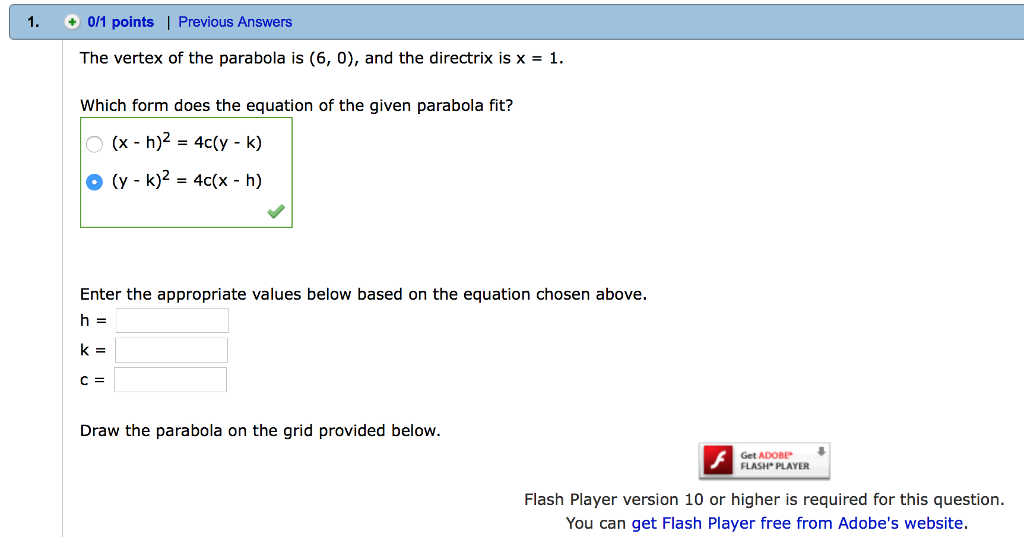 Solved 1 0 1 Points Previous Answers The Vertex Of The Chegg Com