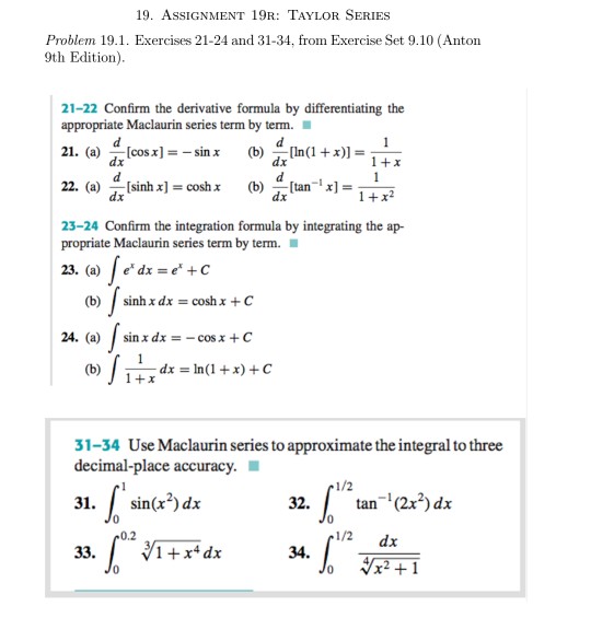 Solved 19 Assignment 19r Taylor Series Problem 19 1 Ex Chegg Com