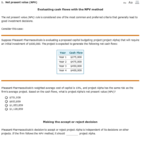 Solved 1 Net Present Value Npv Evaluating Cash F Chegg Com