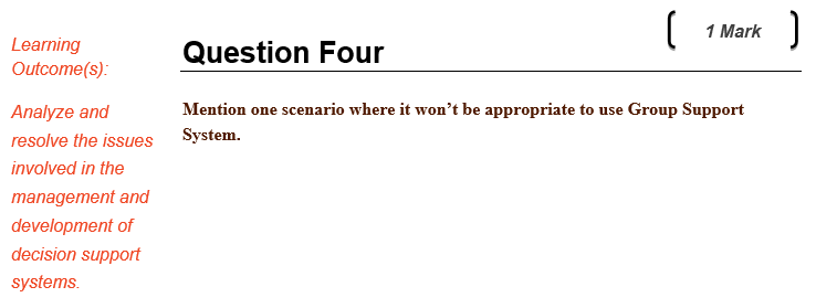 1 Mark Learning Outcome(s) Question Four Mention one scenario where it wont be appropriate to use Group Support System. Analyze and resolve the issues involved in the management and development of decision support systems