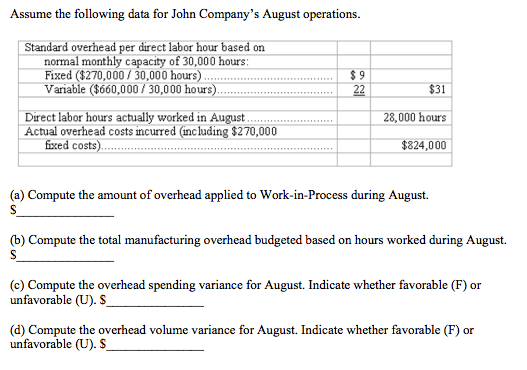 Assume the following data for John Companys August operations. Standard overhead per direct labor hour based on normal monthly capacity of 30,000 hours Fixed ($270,000/30,000 hours) Variable ($660,000 /30,000 hours) $9 23 $31 28,000 hours $824,000 Direct labor hours actually worked in August Actual overhead costs incurred (inc luding $270,000 fixed costs) (a) Compute the amount of overhead applied to Work-in-Process during August. (b) Compute the total manufacturing overhead budgeted based on hours worked during August. (c) Compute the overhead spending variance for August. Indicate whether favorable (F) or unfavorable (U). S (d) Compute the overhead volume variance for August. Indicate whether favorable (F) or unfavorable (U). S