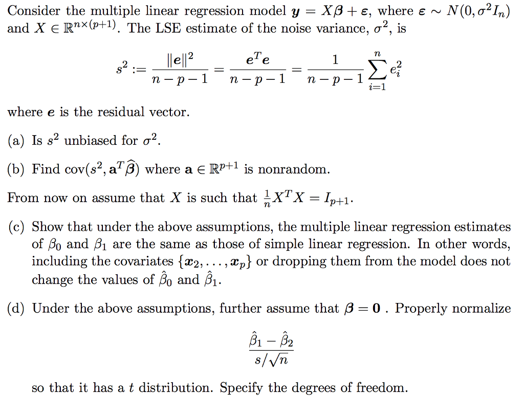 Consider The Multiple Linear Regression Model Y Chegg Com