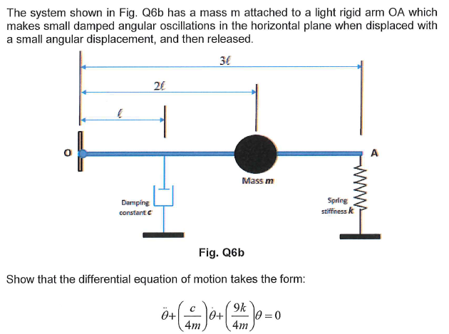 The system shown in Fig. Q6b has a mass m attached to a light rigid arm OA which makes small damped angular oscillations in the horizontal plane when displaced with a small angular displacement, and then released. 3e 26 Mass m Sprirg stifness k Damping Fig. Q6b Show that the differential equation of motion takes the form 4m