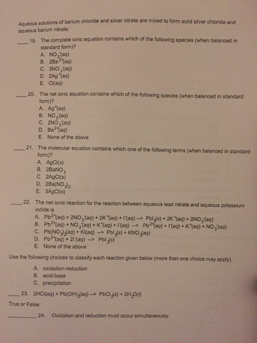 Aqueous Solutions Of Barium Chloride And Silver Chegg 