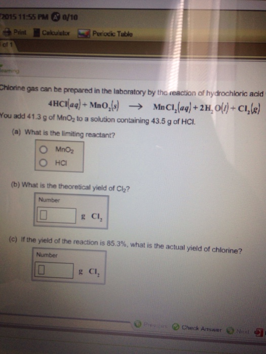 Chlorine Gas Can Be Prepared In The Lab By The Chegg Com