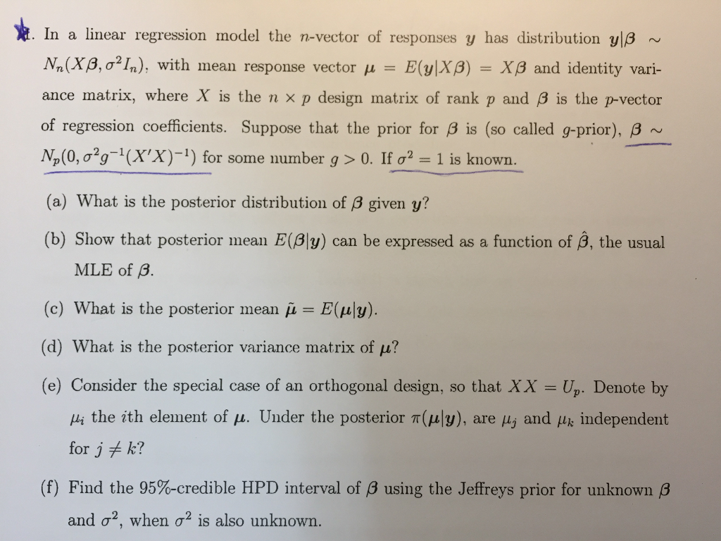 In A Linear Regression Model The N Vector Of Respo Chegg Com