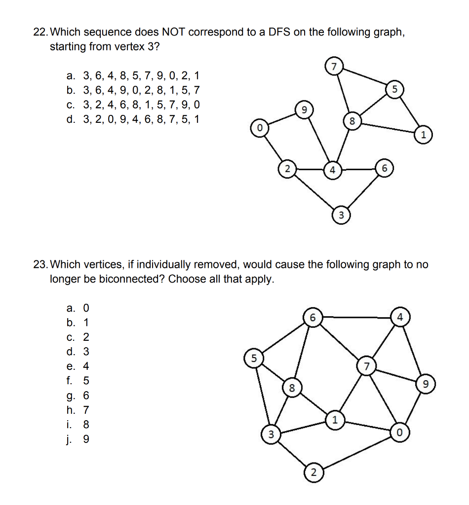 22. Which sequence does NOT correspond to a DFS on the following graph, starting from vertex 3? a. 3, 6, 4, 8, 5,7, 9, 0, 2, 1 b. 3, 6,4, 9, 0, 2, 8, 1, 5,7 c. 3, 2, 4, 6, 8, 1, 5, 7, 9, 0 d. 3, 2, 0, 9, 4, 6, 8, 7, 5,1 0 4 23. Which vertices, if individually removed, would cause the following graph to no longer be biconnected? Choose all that apply a. 0 b. 1 c. 2 d. 3 e. 4 6 4 g. 6 h. 7 8 0