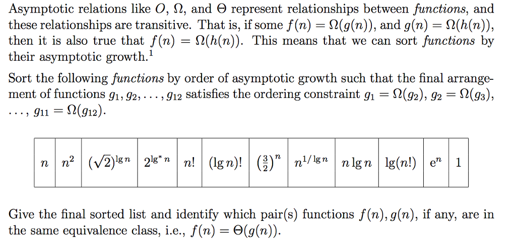 Asymptotic relations like O, Ω, and Θ represent relationships between functions, and these relationships are transitive. That is, if some f(n) 9(g(n), and g(n) = Ω(h(n)), then it is also true that f(n) 9(h(n)). This means that we can sort functions by their asymptotic growth.1 Sort the following functions by order of asymptotic growth such that the final arrange- ment of functions g1.92, . . . , g12 satisfies the ordering constraint g,-9(g2).92 9(g), 911 g12) nlgn lg(n!)e.1 Give the final sorted list and identify which pair(s) functions f(n), g(n), if any, are in the same equivalence class, i.e., f(n) %(1)