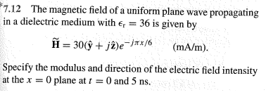 Solved 7 12 The Magnetic Field Of A Uniform Plane Wave Pr Chegg Com