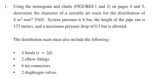 1. using the nomogram and charts (figures 1 and 2) on pages 4 and 5, determine the diameter of a suitable air main for the distribution of 6 m3 min-1 fad. system pressure is 6 bar, the length of the pipe run is 175 metres, and a maximum pressure drop of 0.3 bar is allowed the distribution main must also include the following: 4 bends (r 2d) 2 elbow fittings 6 tee connectors 2 diaphragm valves