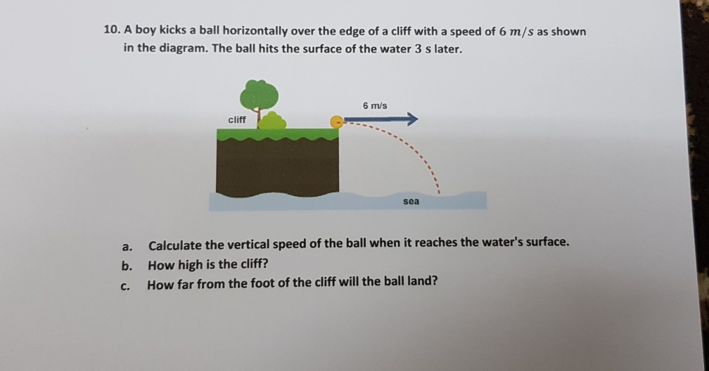 10. A boy kicks a ball horizontally over the edge of a cliff with a speed of 6 m/s as shown in the diagram. The ball hits the surface of the water 3 s later. 6 m/s cliff sea a. b. c. Calculate the vertical speed of the ball when it reaches the waters surface. How high is the cliff? How far from the foot of the cliff will the ball land?