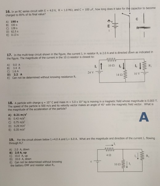 Solved 16 In An Rc Series Circuit With E 4 0 V R Char Chegg Com