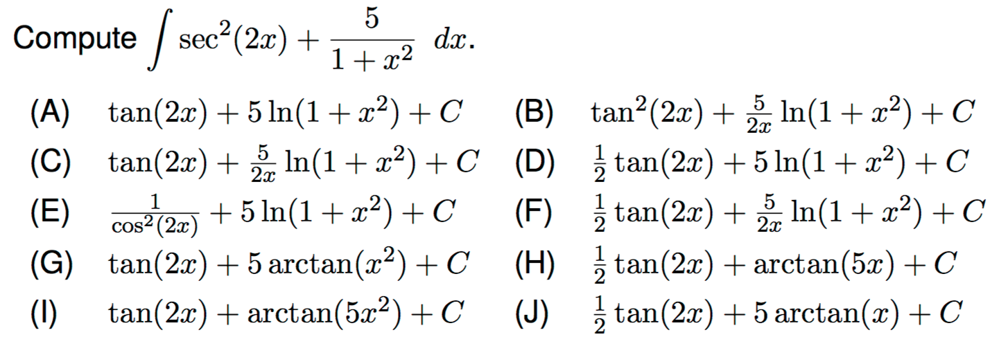 Solved Compute Sec 2 2x 5 1 X 2 Dx A Tan 2x 5 Ln L Chegg Com