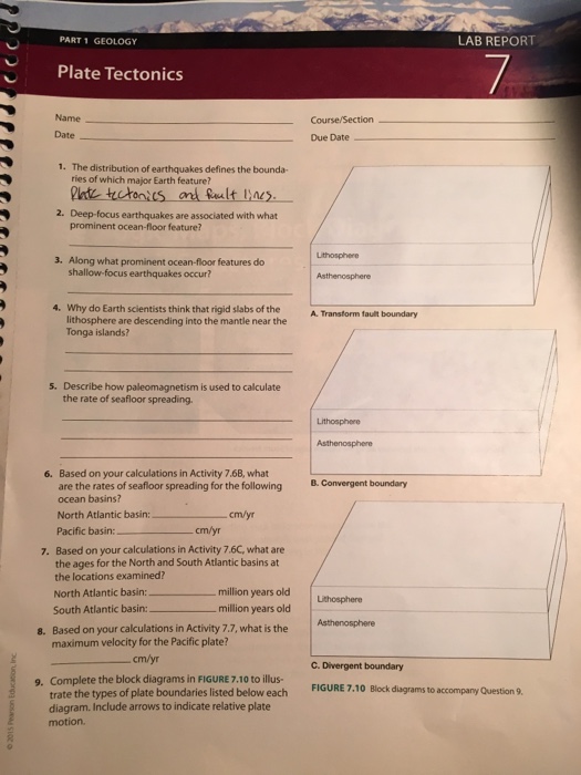 Solved Part 1 Geology Lab Report Plate Tectonics Name Dat