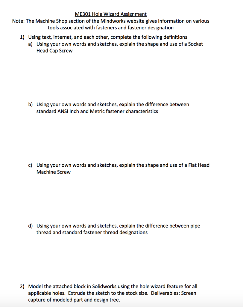 Solved Me301 Hole Wizard Assignment Note The Machine Sho