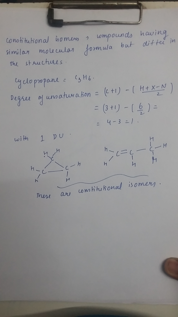Question & Answer: Draw the structure for the only constitutional isomer of cyclopropane: Constitutional isomer:..... 1