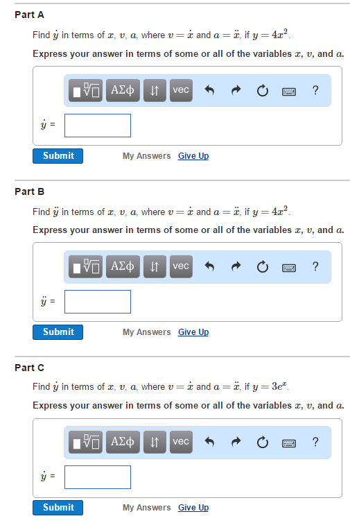 Solved Find Y In Terms Of X V A Where V X And A X Chegg Com