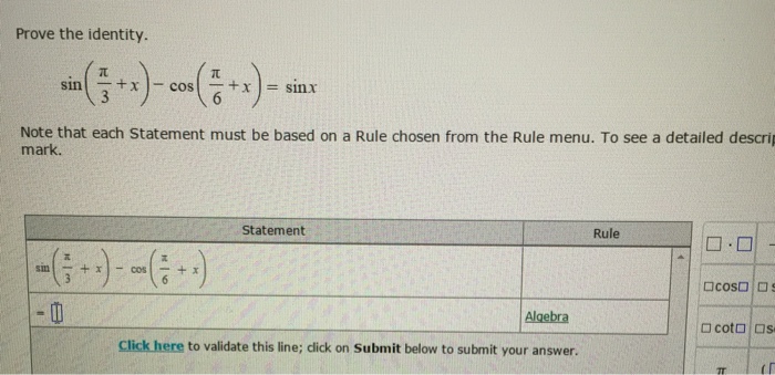 Prove the identity.  Sin (pi/3 + x) - cos (pi/6 +