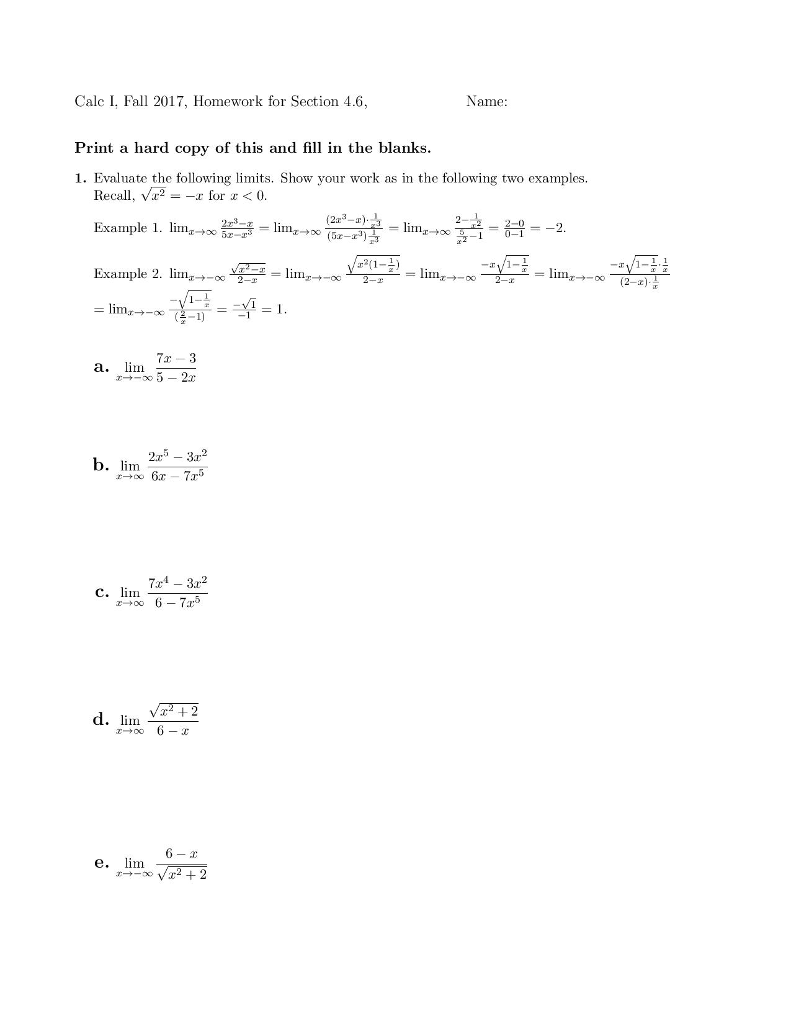 Solved Calc I Fall 17 Homework For Section 4 6 Name Chegg Com