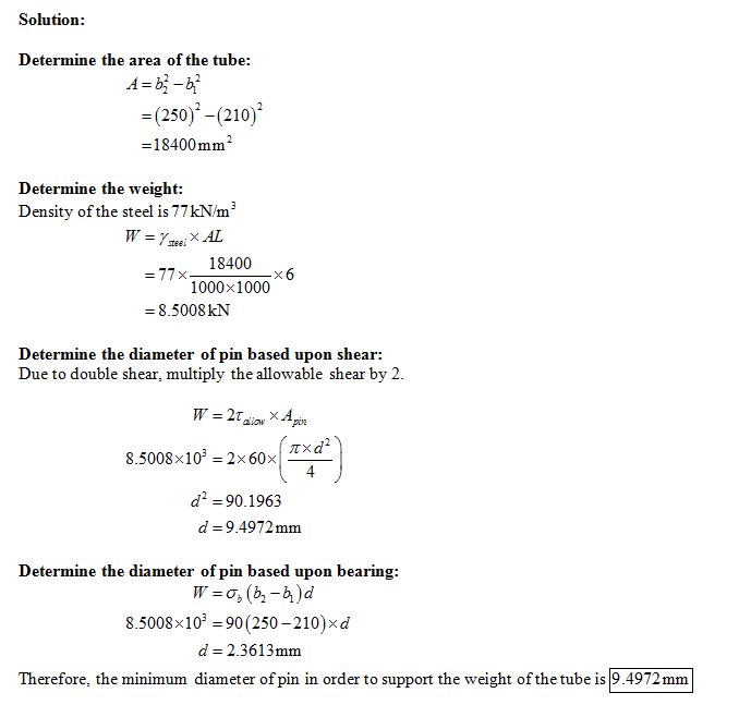 Solution Determine thearea of the tube: (250)-(210) = 1 8400 mm Determine the weight Density of the steel is 77kN/m2 18400 1