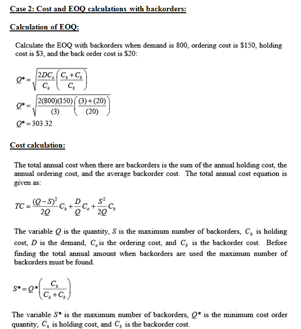 Case 2: Cost and EOO calculations vith backorders: Calculation of E Calculate the EOQ with backorders when demand is 800, ord